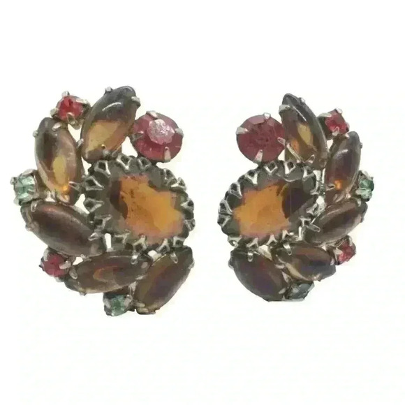 Vintage 60s Big Earrings Rhinestone Molded Glass Chunky Big Statement - Picture 1 of 10